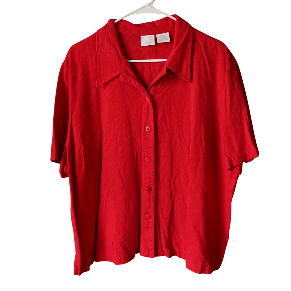 Studio C Plus Red Linen Blend Short Sleeve Button Down Shirt 22W Pleated Back